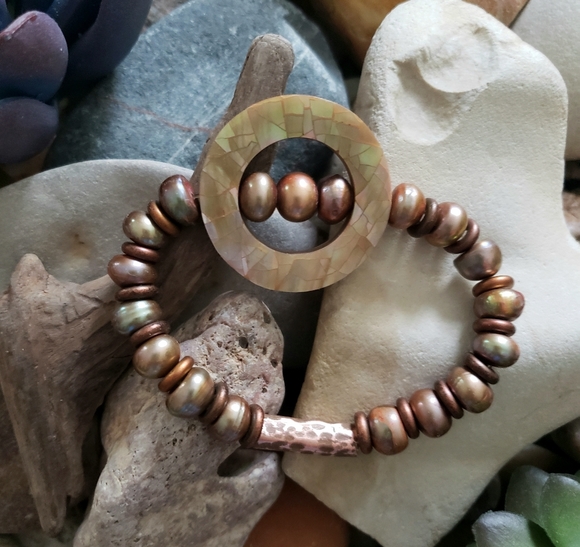 Artisan Pearl and Hammered Copper Bracelet - Picture 4 of 5